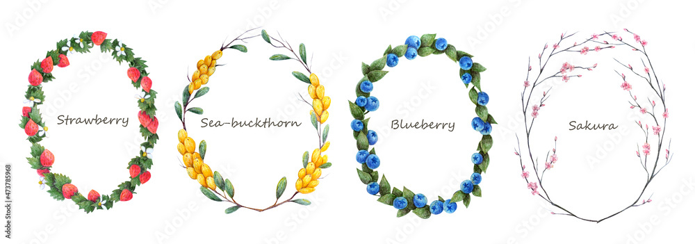 Set of hand-drawn frames of berries and flowers. Colored pencils. Isolated illustrations Set of hand-drawn frames of berries and flowers. Colored pencils. Isolated illustrations