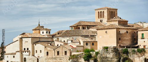 A view of the medieval hanging houses built on the edge of the cliff, in the city of Cuenca, Spain.