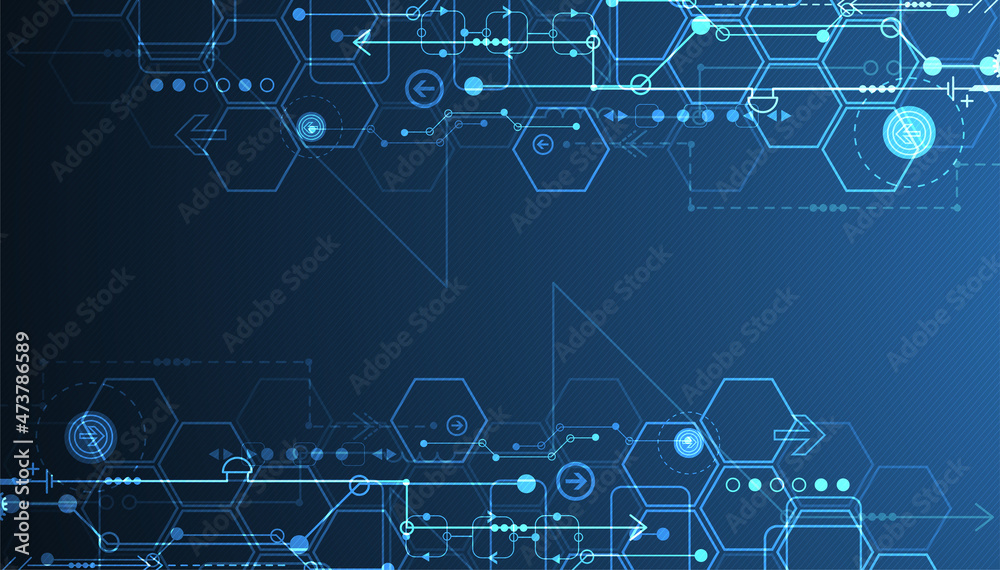 Abstract circuit board and hexagons on dark blue color background. Hi-tech digital technology concept.