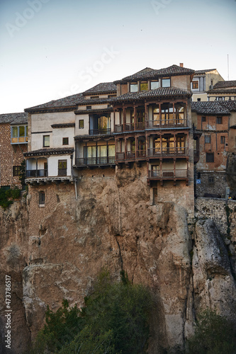 A view of the medieval hanging houses built on the edge of the cliff, in the city of Cuenca, Spain. © Harold