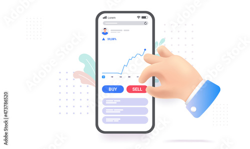 Stock market mobile phone app - Human hand and smartphone with user interface of trading graph and buy and sell button. Vector illustration