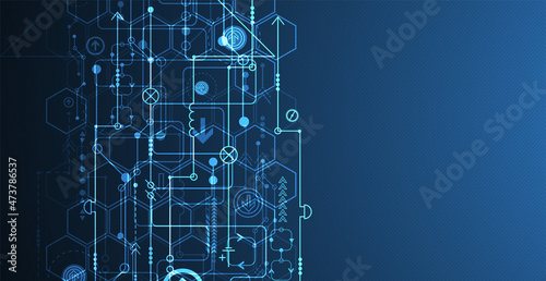 Abstract circuit board and hexagons on dark blue color background. Hi-tech digital technology concept.