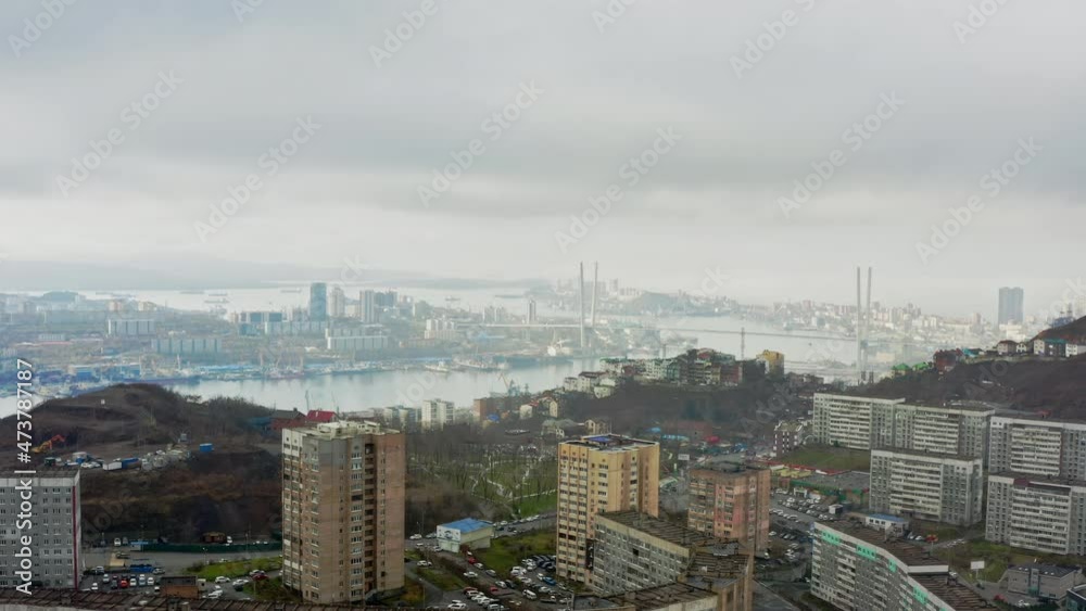 Aerial view of Vladivostok city in haze and fog on an autumn morning Aerial view of Vladivostok city in haze and fog on an autumn morning