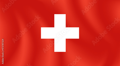 National flag of Switzerland with imitation of light waves on the fabric. Vector stock illustration 