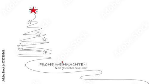 weihnachtskarte - moderner tannnebaum  mit  feinen schwarzen linien und rotem stern und deutschem text - frohe weihnachten und ein glückliches neues jahr photo