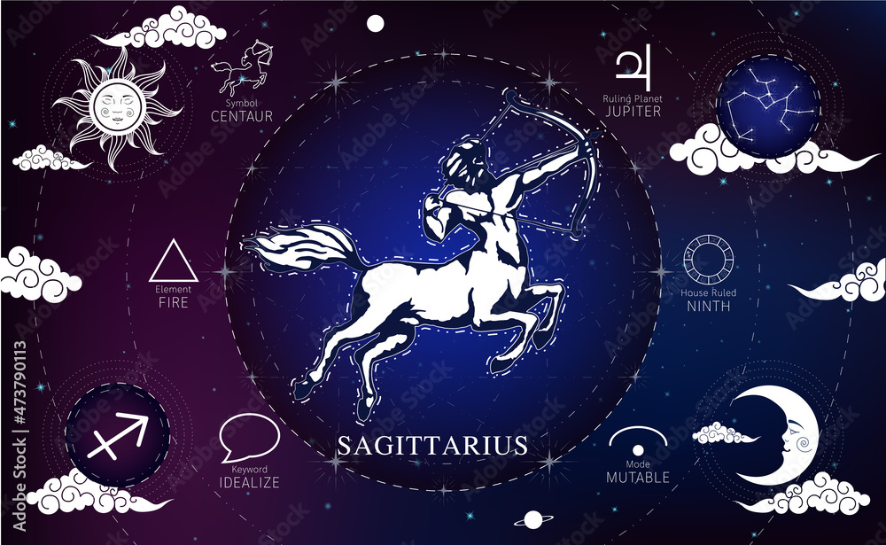 Witchcraft card astrology for Sagittarius zodiac sign and zodiac constellations. Modern magic, divination, crescent moon and sun on a blue background esoteric. Vector EPS10 illustration.
