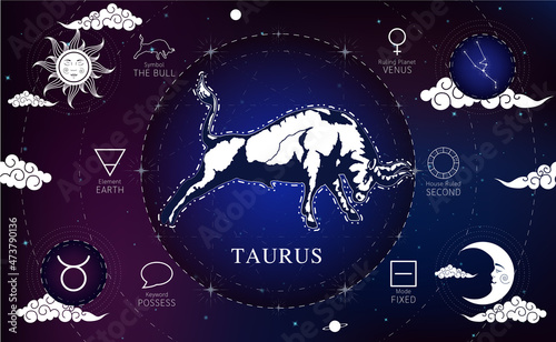 Witchcraft card astrology for Taurus zodiac sign and zodiac constellations. Modern magic, divination, crescent moon and sun on a blue background esoteric. Vector EPS10 illustration.