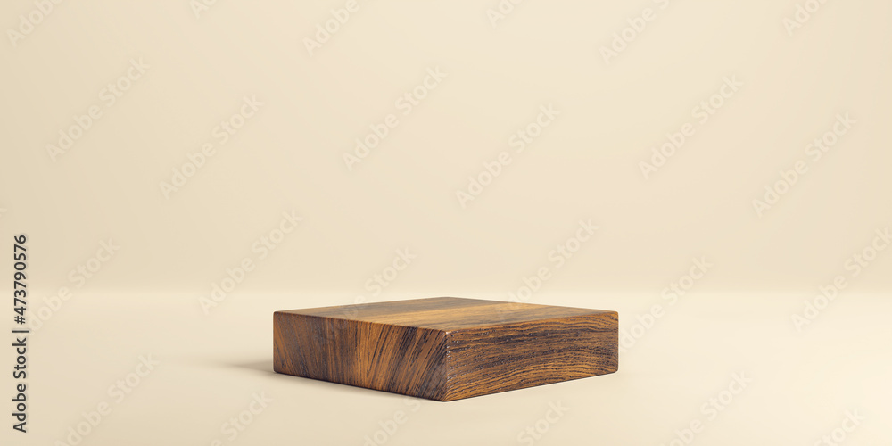 Wooden product display. Advertising pedestal made of wood. Platform showcase on clean background. 3D rendering. - obrazy, fototapety, plakaty 