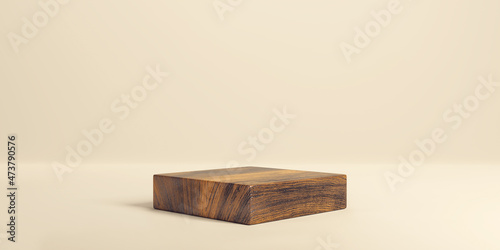 Wooden product display. Advertising pedestal made of wood. Platform showcase on clean background. 3D rendering.