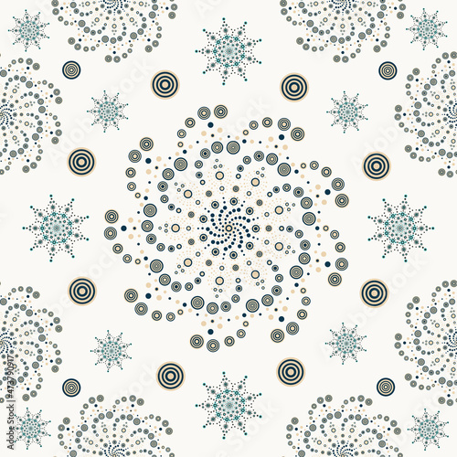 Seamless pattern with mandalas in dot painting style. Abstract spot painting or point to point painting mandala background. Vector illustration in boho style