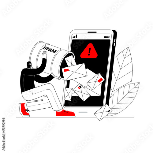 A spammer attacks an email client on a smartphone. The concept of a vector illustration in a outline style on the topic of cybercrime and cybersecurity.