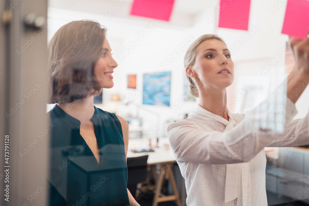 Smiling businesswoman looking at female colleague working in office seem through glass Smiling businesswoman looking at female colleague working in office seem through glass