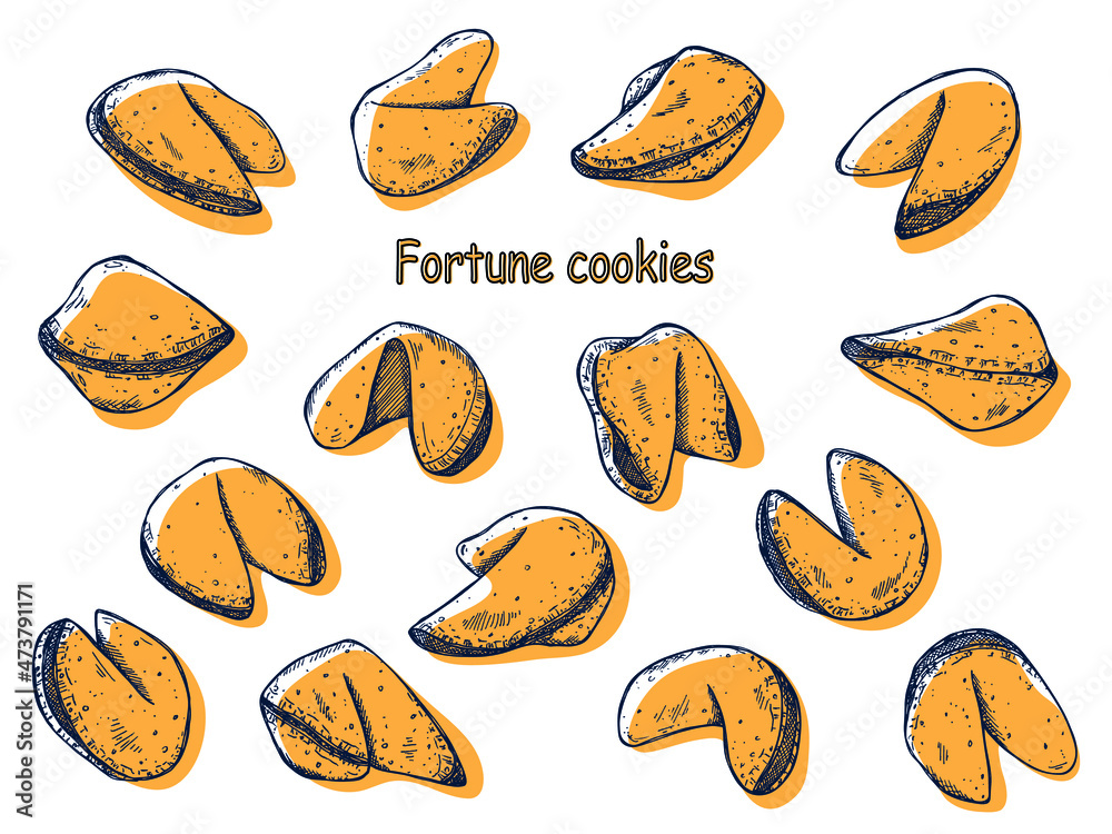 Chinese fortune cookies vector hand drawn set isolated on white backgrounds. Colorful food illustration. Crisp cookie with a blank piece of paper inside. For print, web, design, decor, logo. Chinese fortune cookies vector hand drawn set isolated on white backgrounds. Colorful food illustration. Crisp cookie with a blank piece of paper inside. For print, web, design, decor, logo.