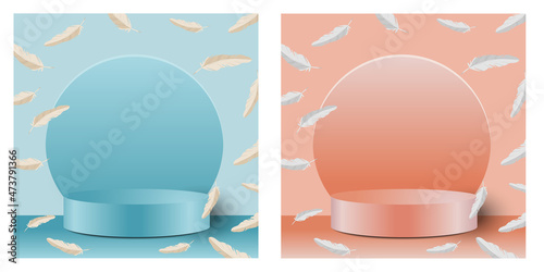 2 vitrines avec un podium pour exposer des produits commerciaux, une turquoise et une rose avec une pluie de plumes pour symboliser la légèreté.