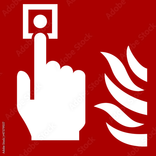 Red icon sign board for fire extinguisher. Fire, hand and button symbol or label.