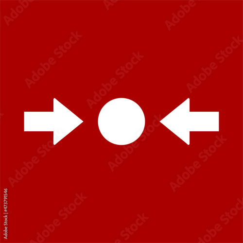 Red icon sign board for fire extinguisher. Arrow, button symbol or label.
