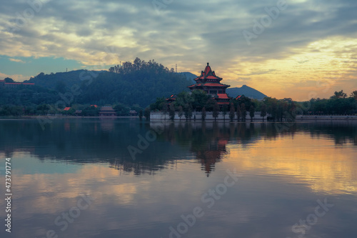 Shunfengshan Park  located at the foot of Taiping Mountain in Shunde District  Foshan City  Guangdong  China. Qinglong Pavilion. Landscape view.    