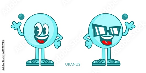 Two Simple Funny Isolated Happy Smiling Uranus Planet Cartoon Characters