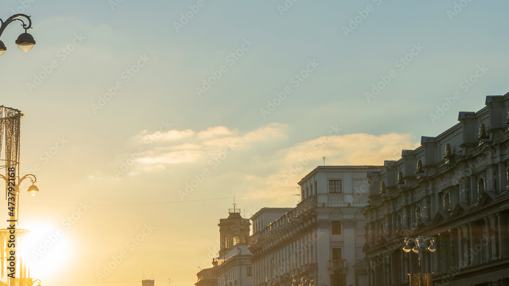 Panoramic view of silhouettes of building at sunset in the historical center of city.