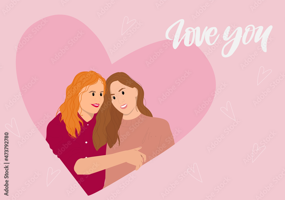 Valentine's day lesbian couple. Women embracing each other. Vector illustration