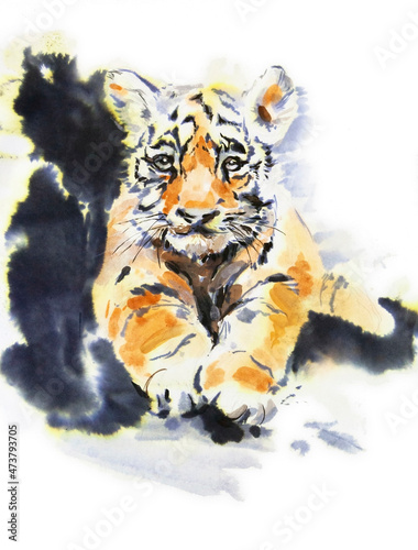 Small, sad tiger cub lies - portrait