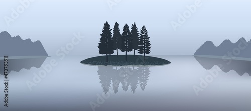 Silhouttes of trees standing on a isolated island in the middle of lake, dull day.
