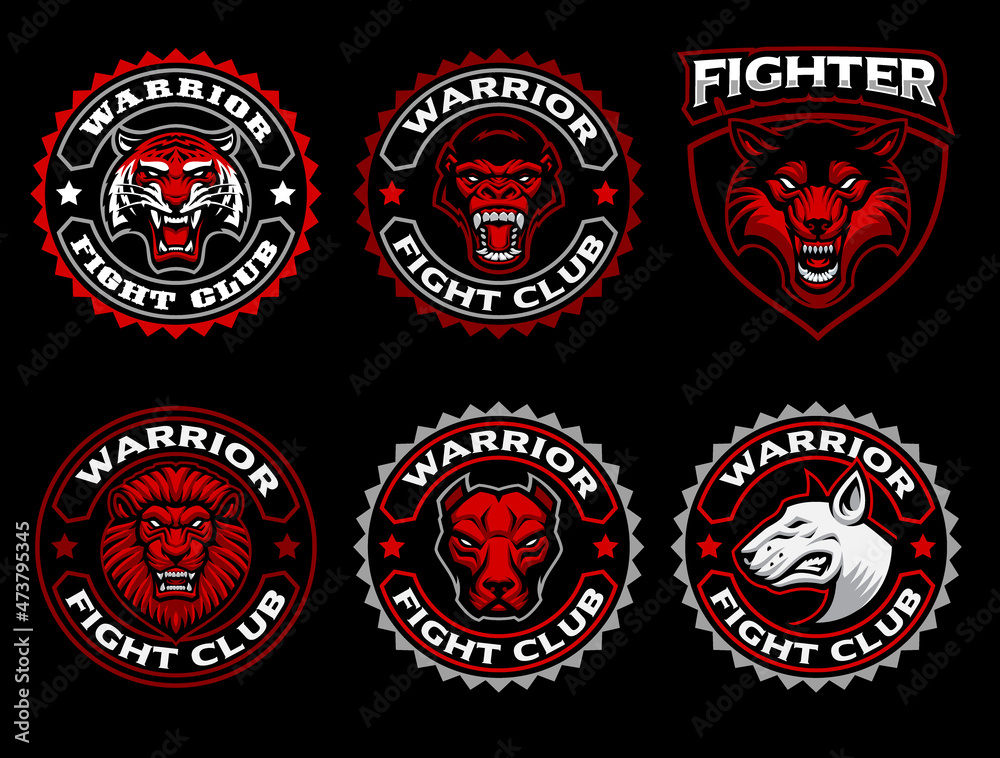 A set of vector Mascots such as a gorilla, a tiger, a wolf, a lion, a pit bull, and others, these designs can be used as logos for a sports team as well as t-shirt prints.
