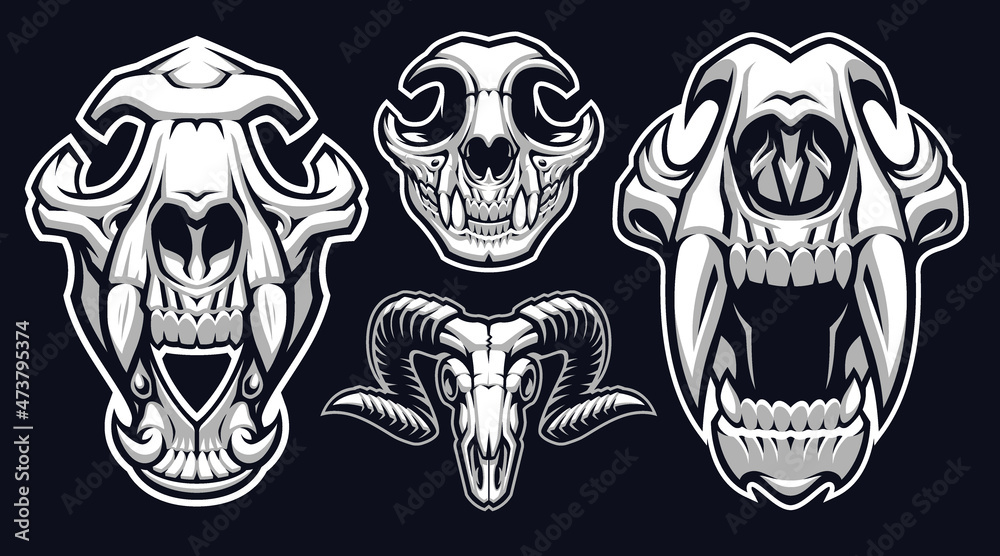 A set of Vector Animals Skulls, these designs can be used as sports mascots, logos for t-shirt prints.