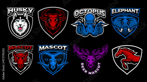 A set of vector mascots with different animals such as bulls, an octopus, a deer, an elephant, a husky, these designs can be used as sports logos as well as t-shirt prints