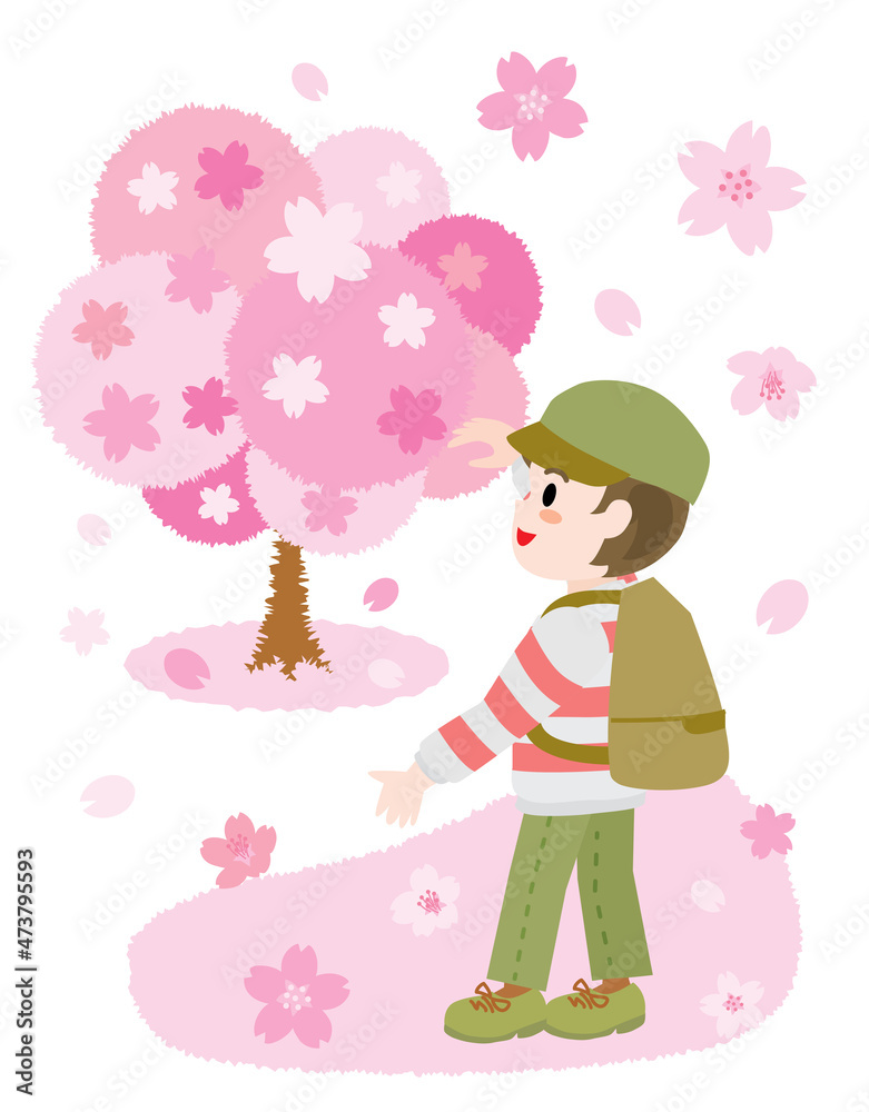 春にお花見をする男の子のイラスト 春にお花見をする男の子のイラスト