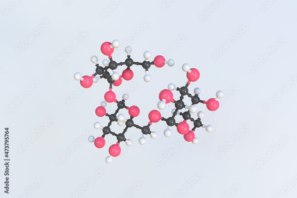 Raffinose molecule made with balls, isolated molecular model. 3D rendering Raffinose molecule made with balls, isolated molecular model. 3D rendering