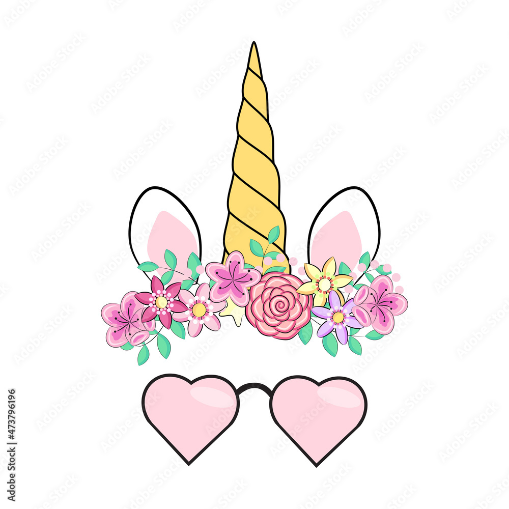 illustration of cute unicorn face wearing sunglasses illustration of cute unicorn face wearing sunglasses