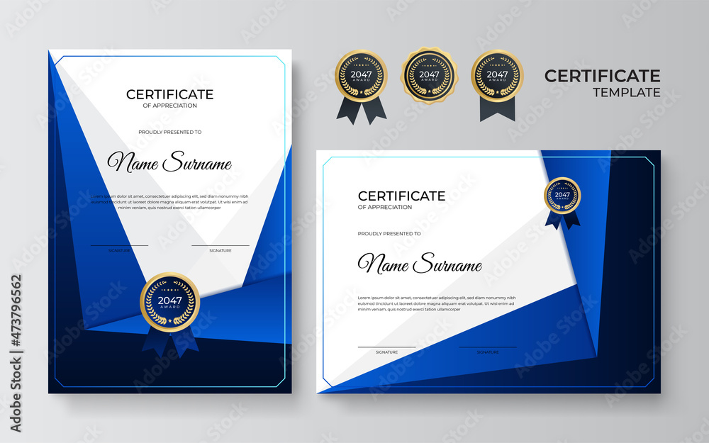 Modern elegant blue and gold diploma certificate template design. Blue and gold certificate of achievement border template with luxury badge and modern line pattern. For award, business, and education - obrazy, fototapety, plakaty 
