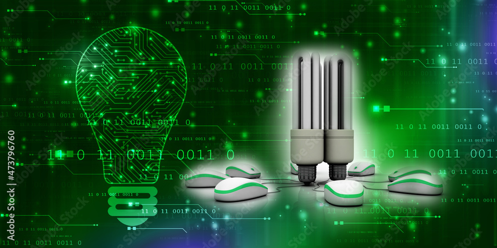 Naklejka premium 3d rendering fluorescent cfl lamp with mouse connected globe