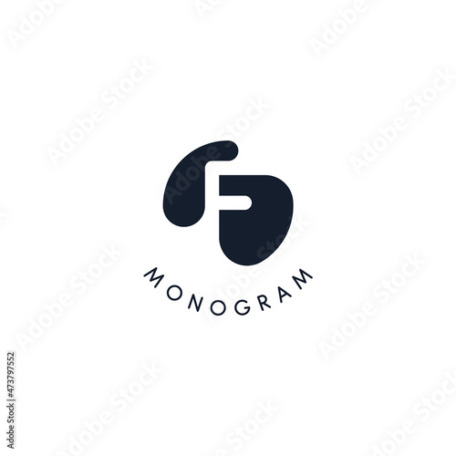 Black logo with cut out silhouette of letter F, round monogram for business and branding. Modern vector logotype, circle badge negative space style