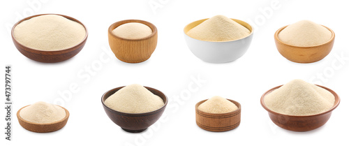 Set with uncooked organic semolina on white background. Banner design