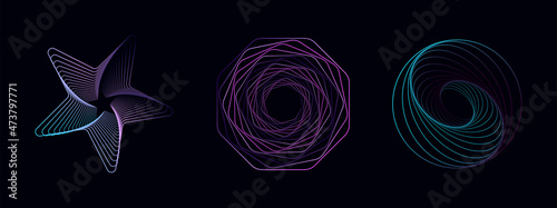Set of twisted spirals. Sacred geometry. Tunnel with lines in the form of a circle and hexagons. Vector geometric fractal element.