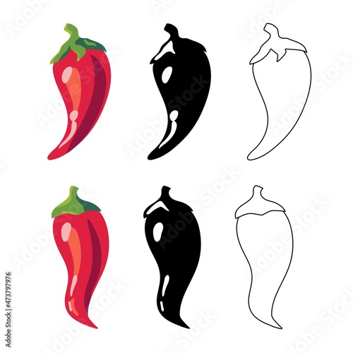 Closeup chilly peppers icons. Red hot chilli pepper, black and outline. Cartoon mexican chilli or chillies illustration. Mexican or asian cuisine signs isolated on white background.