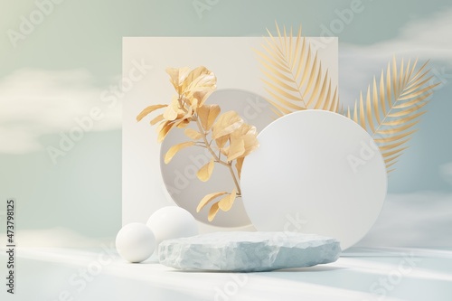 3d render of abstract pedestal podium display with Tropical leaves and Blue sky clouds pastel and plant scene. Product and promotion concept for advertising. Blue pastel natural background.