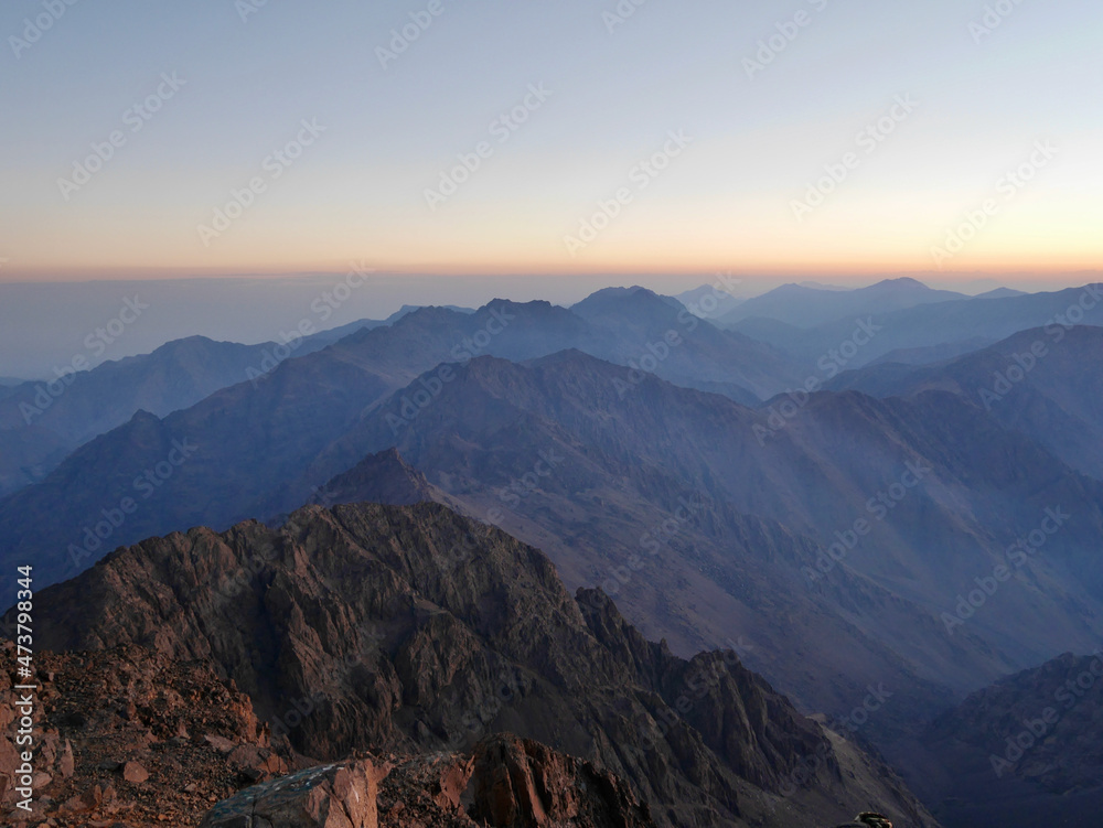 Breathtaking view from the top of Djebel Toubkal, North Africa's highest mountain, at sunrise. Morocco.