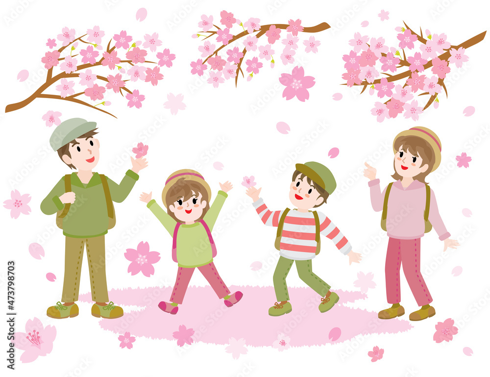 春にお花見をする家族のイラスト 春にお花見をする家族のイラスト