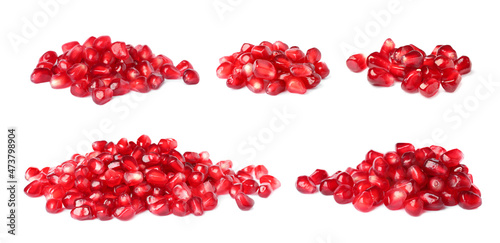 Ripe juicy pomegranate seeds on white background, collage. Banner design