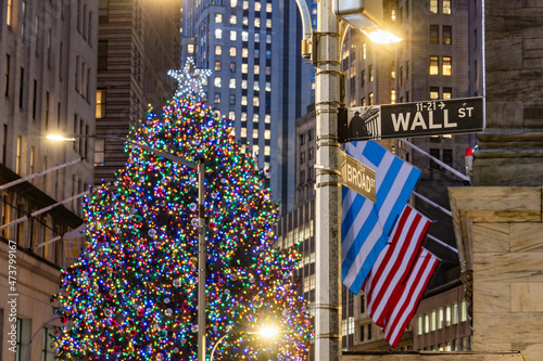 Christmas tree at Wall Street in Midtown Manhattan, New York City, USA