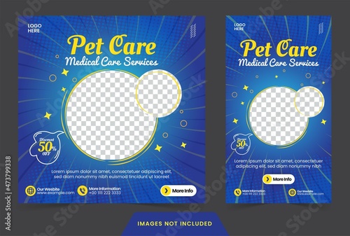 Social media post pet care template banner with modern blue color style