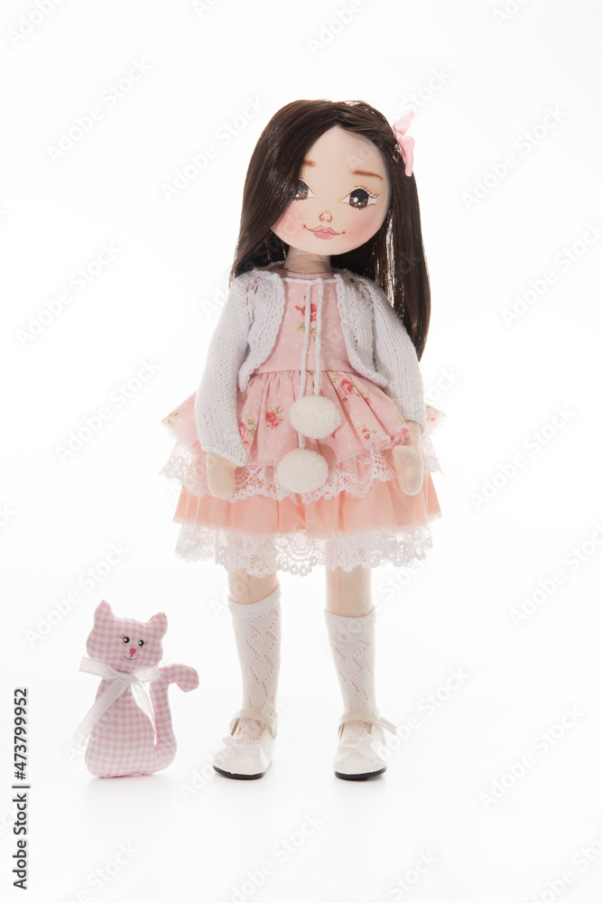 Girl with a doll, Pink Dress, A girl in a pink dress and a cat, child's play.