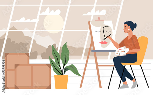 Artist creating canvas picture. Flat vector. Woman in art studio with paint and brush.