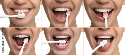 Foto Collage with photos of woman brushing teeth on white background, closeup