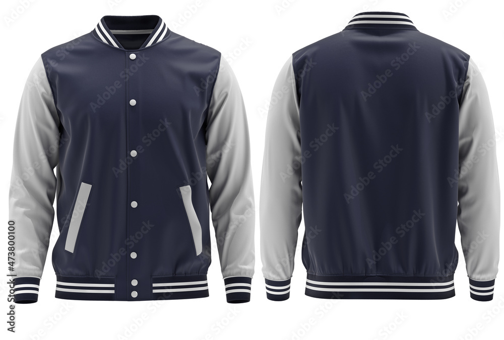 Blank ( NAVY AND WHITE) varsity bomber jacket isolated on white background. parachute jacket