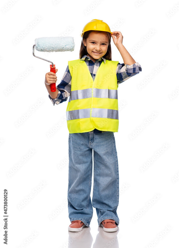 building, construction and profession concept - smiling little girl in protective helmet and safety vest with paint roller over white background building, construction and profession concept - smiling little girl in protective helmet and safety vest with paint roller over white background