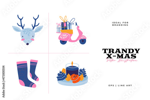 Trendy Christmas cute vector icons new year decoration illustration clipart collection